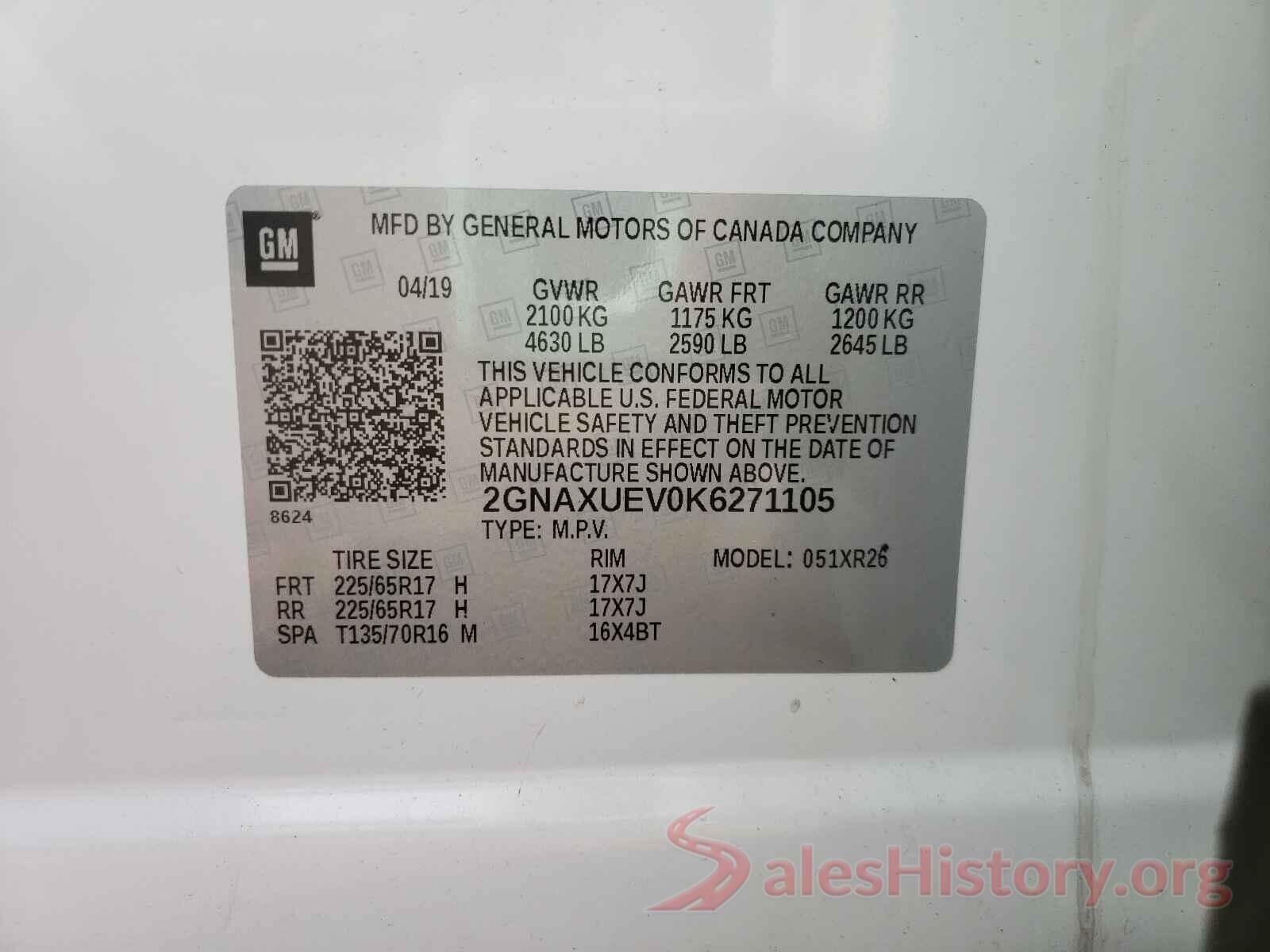 2GNAXUEV0K6271105 2019 CHEVROLET EQUINOX