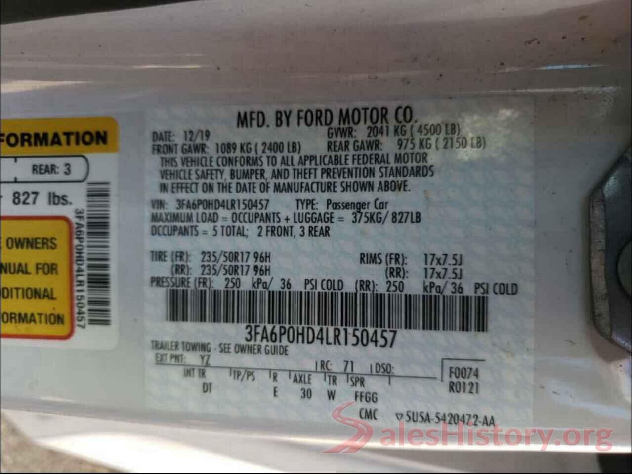 3FA6P0HD4LR150457 2020 FORD FUSION