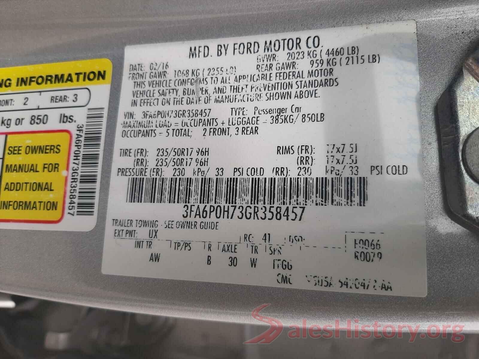 3FA6P0H73GR358457 2016 FORD FUSION