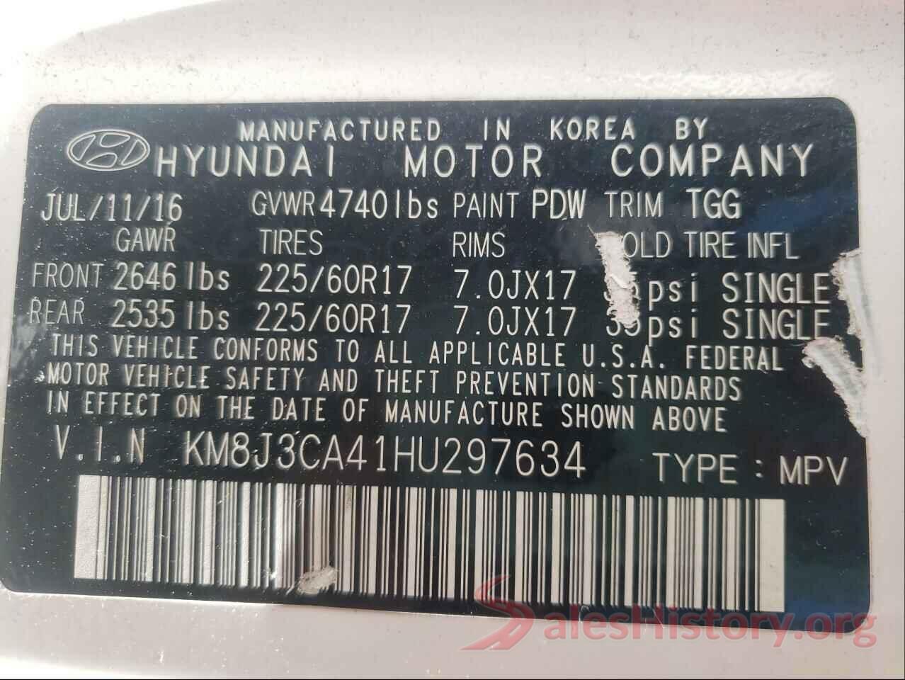 KM8J3CA41HU297634 2017 HYUNDAI TUCSON