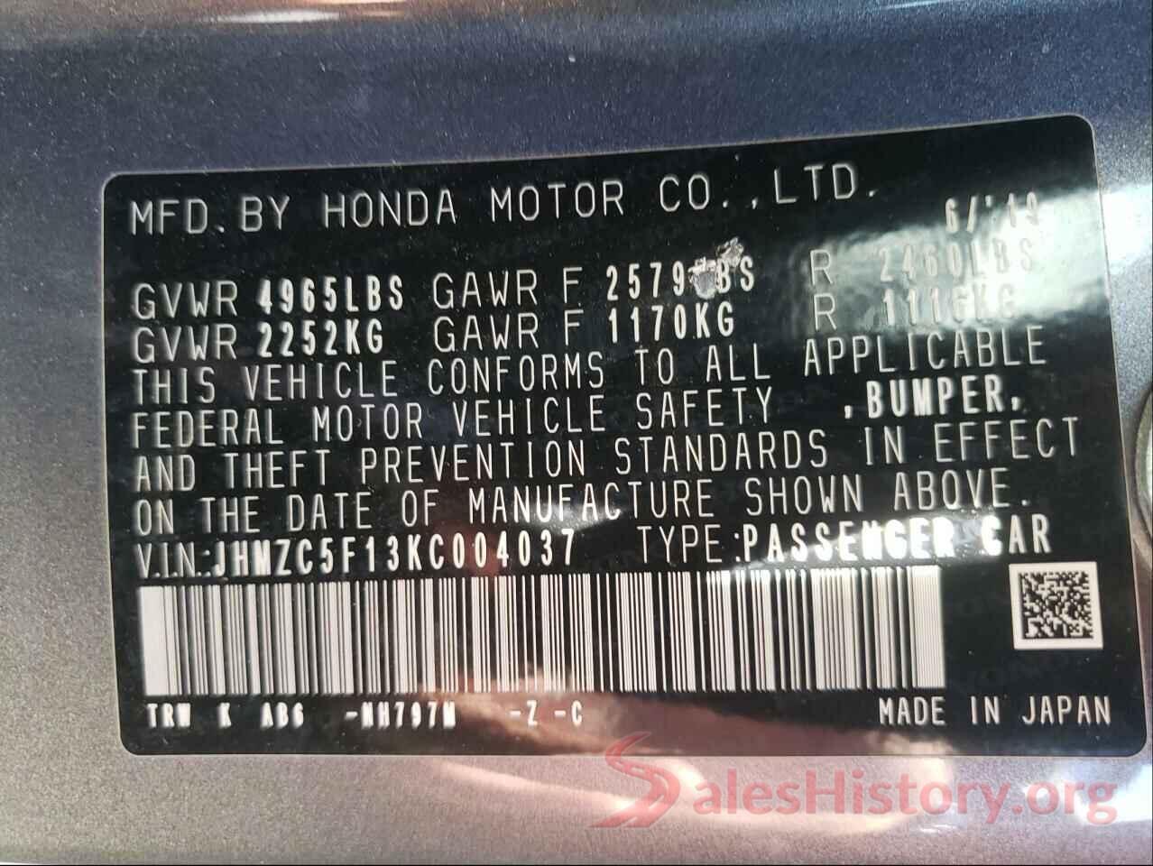 JHMZC5F13KC004037 2019 HONDA CLARITY