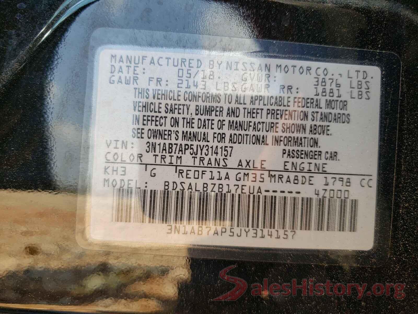 3N1AB7AP5JY314157 2018 NISSAN SENTRA