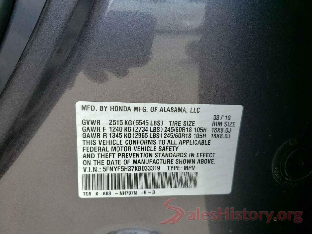 5FNYF5H37KB033319 2019 HONDA PILOT