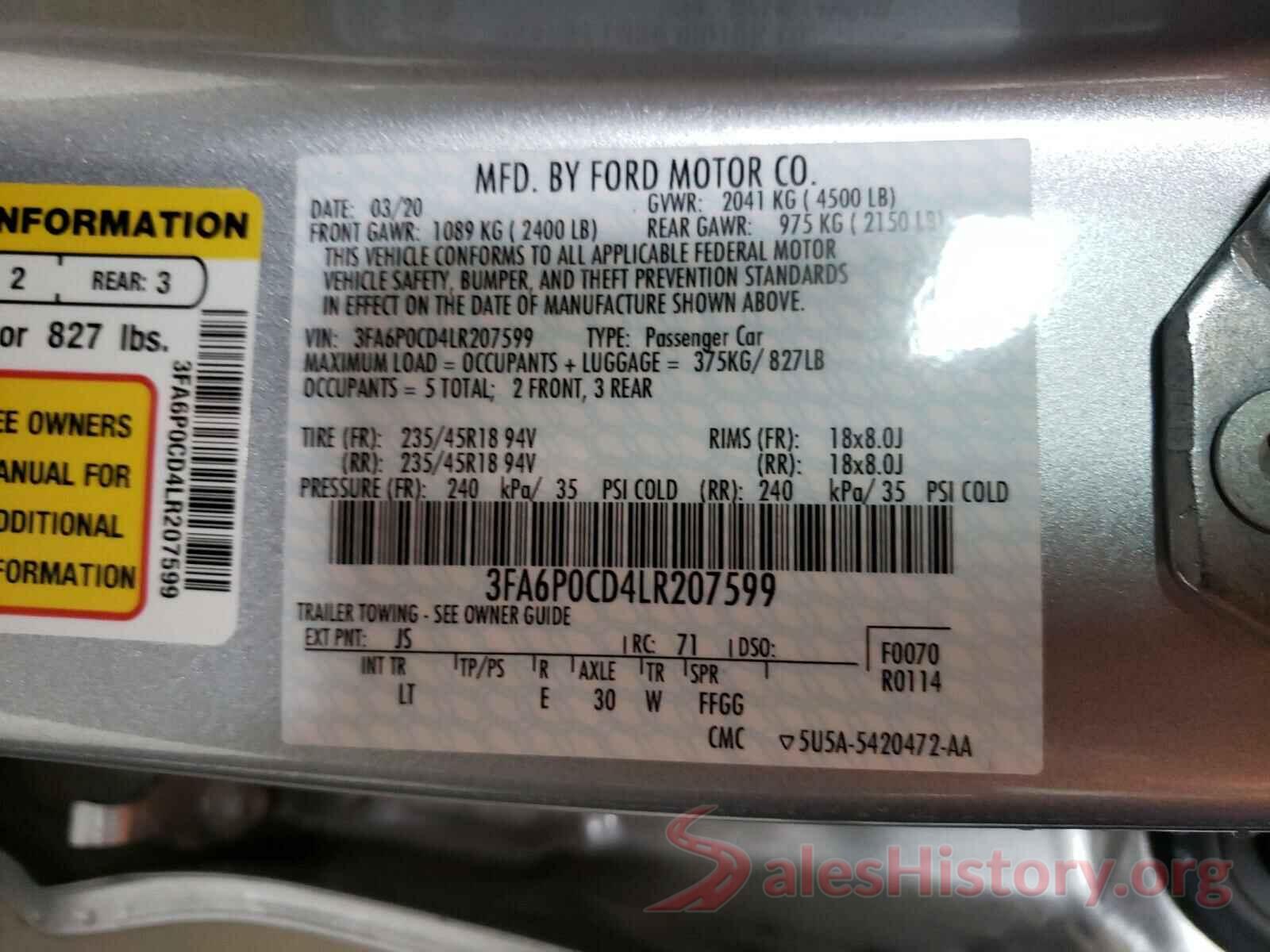 3FA6P0CD4LR207599 2020 FORD FUSION