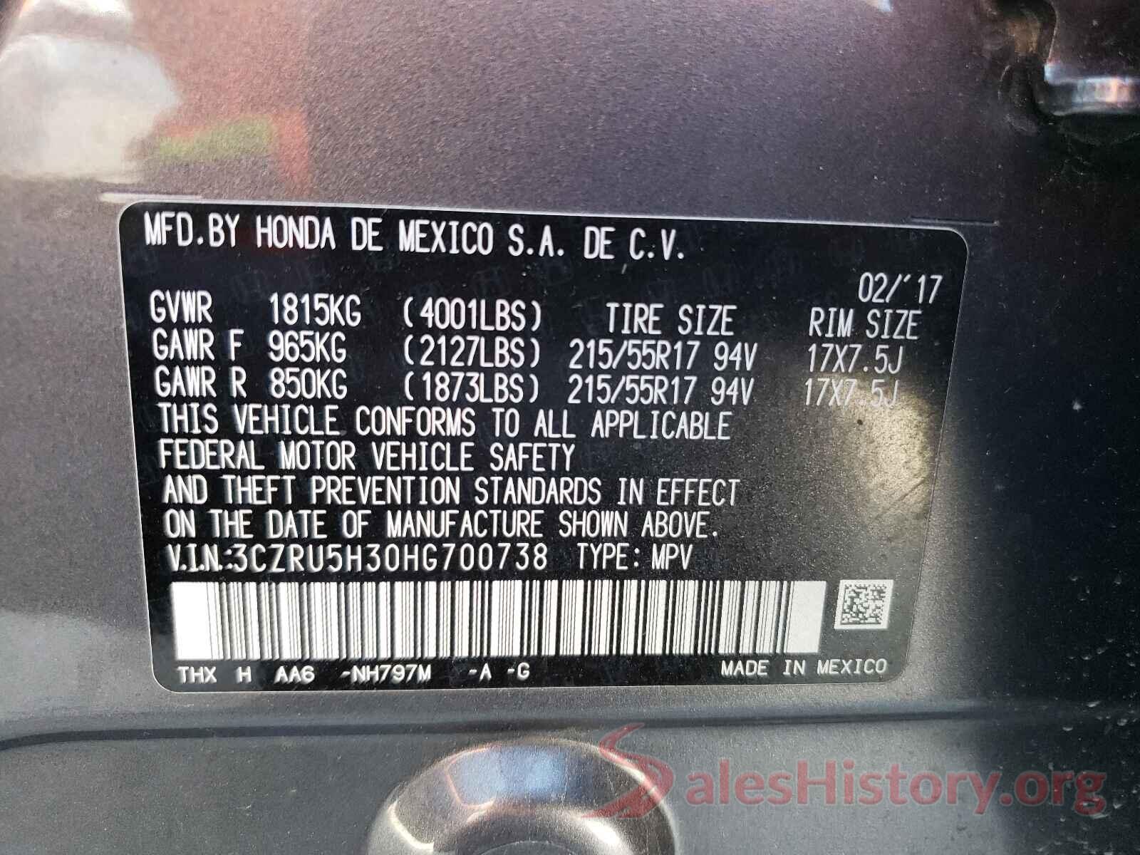 3CZRU5H30HG700738 2017 HONDA HR-V