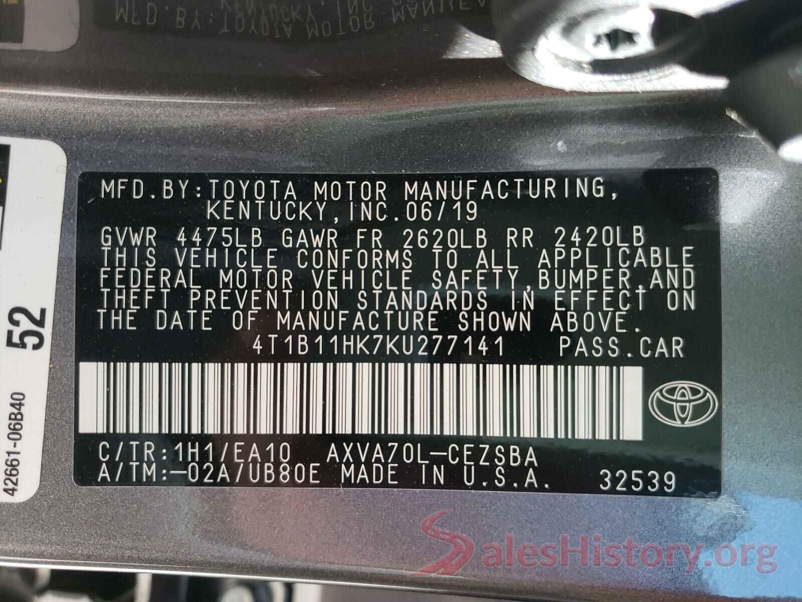 4T1B11HK7KU277141 2019 TOYOTA CAMRY