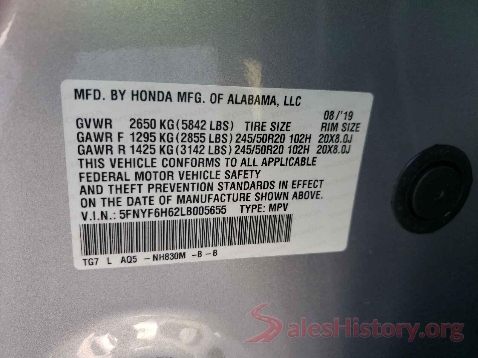 5FNYF6H62LB005655 2020 HONDA PILOT