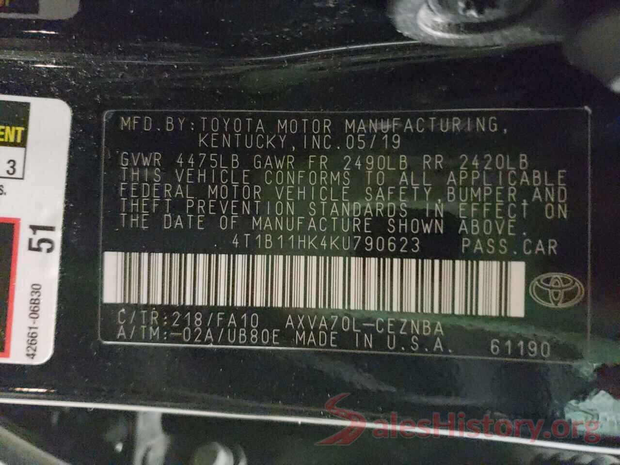 4T1B11HK4KU790623 2019 TOYOTA CAMRY