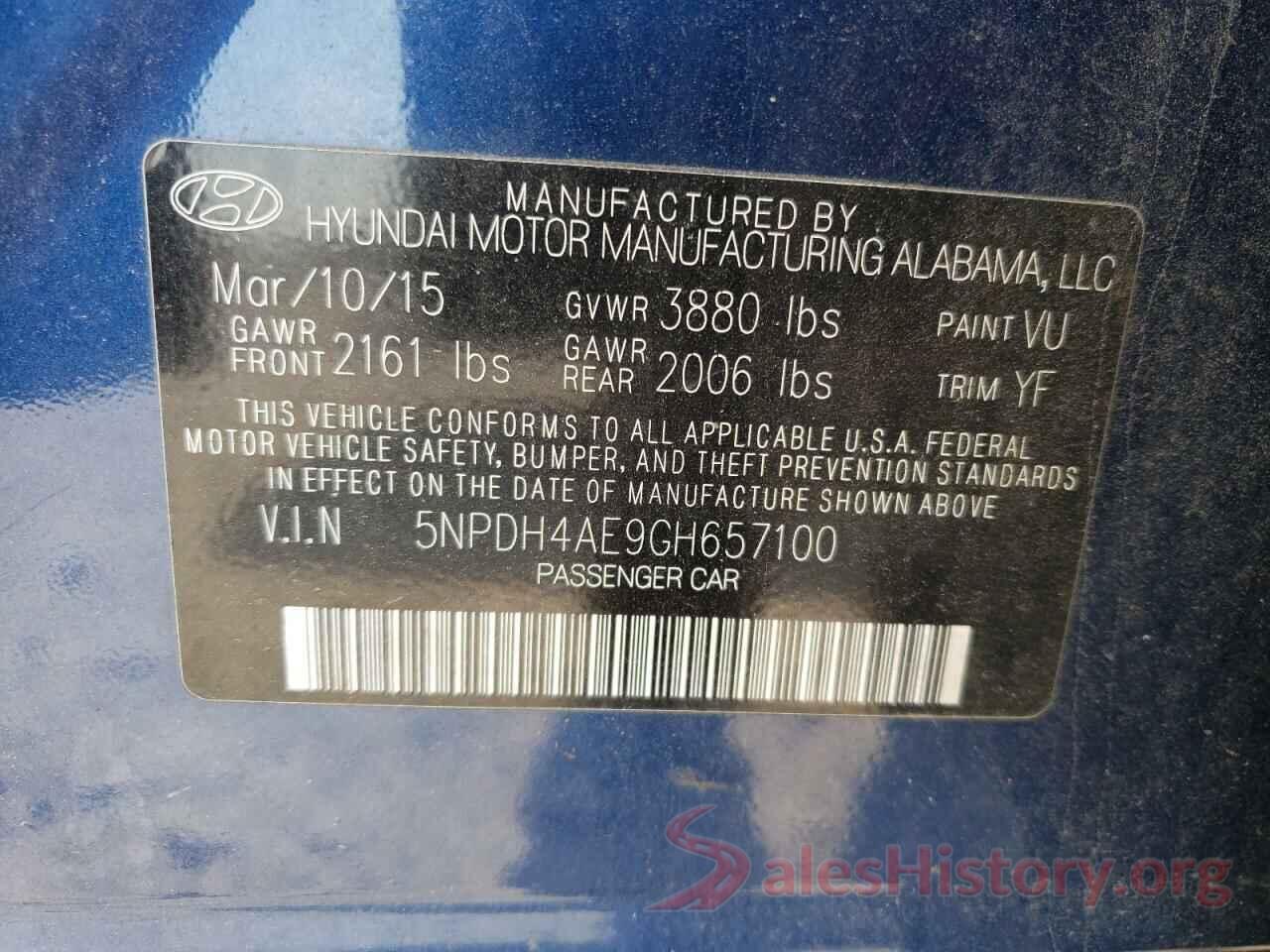 5NPDH4AE9GH657100 2016 HYUNDAI ELANTRA