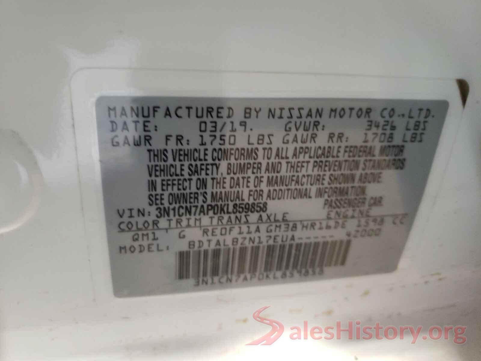 3N1CN7AP0KL859858 2019 NISSAN VERSA