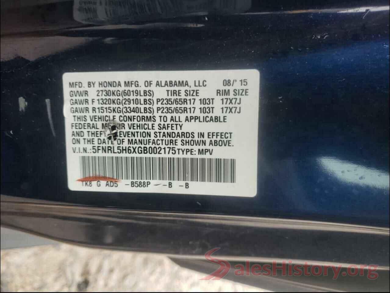 5FNRL5H6XGB002175 2016 HONDA ODYSSEY