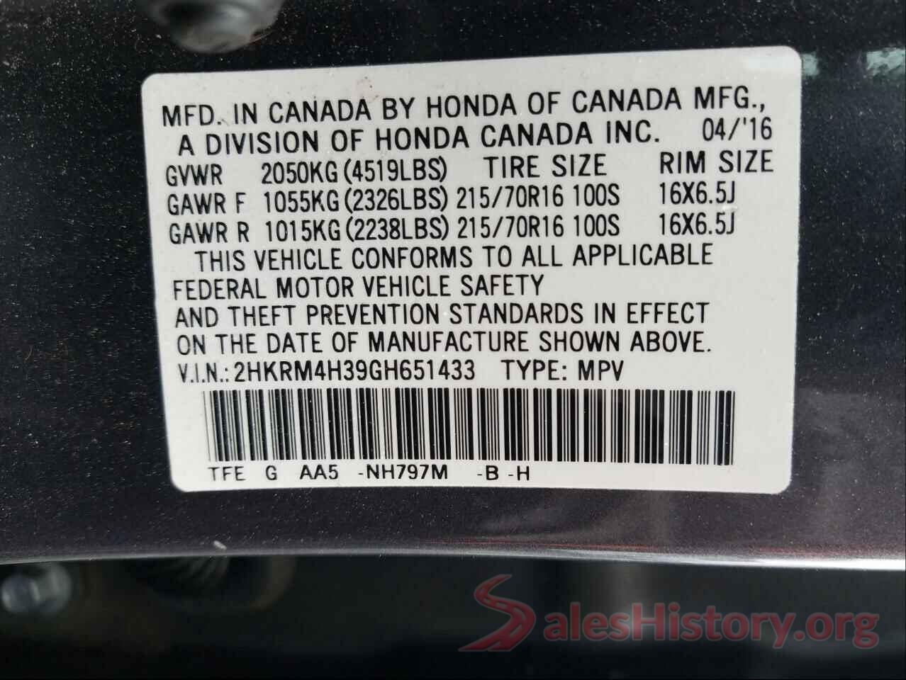 2HKRM4H39GH651433 2016 HONDA CRV