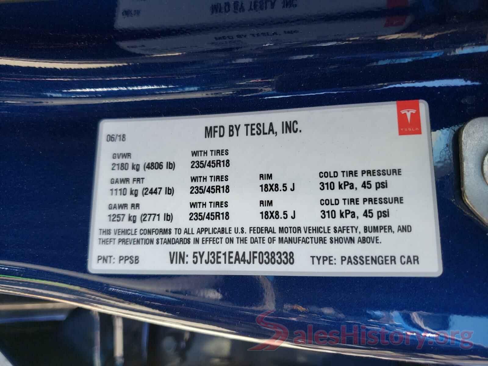 5YJ3E1EA4JF038338 2018 TESLA MODEL 3