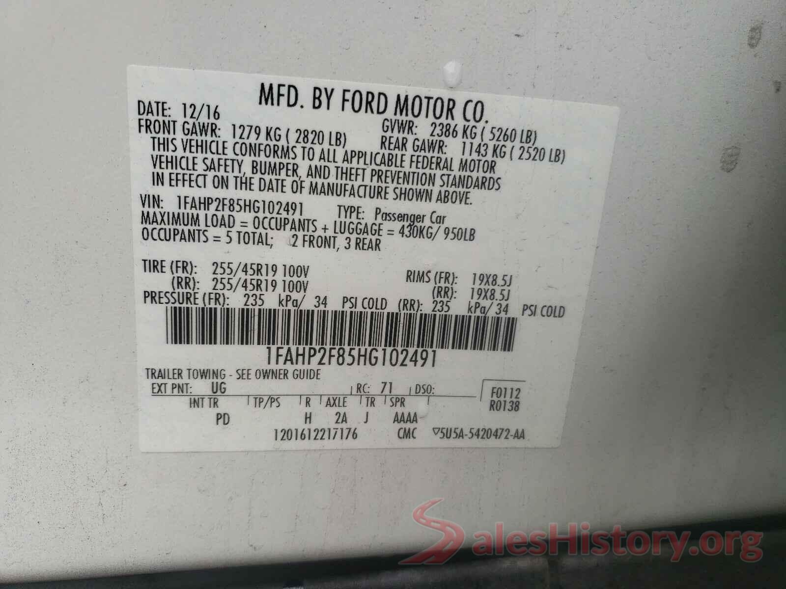 1FAHP2F85HG102491 2017 FORD TAURUS