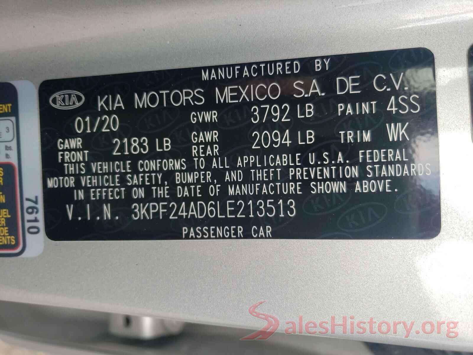 3KPF24AD6LE213513 2020 KIA FORTE