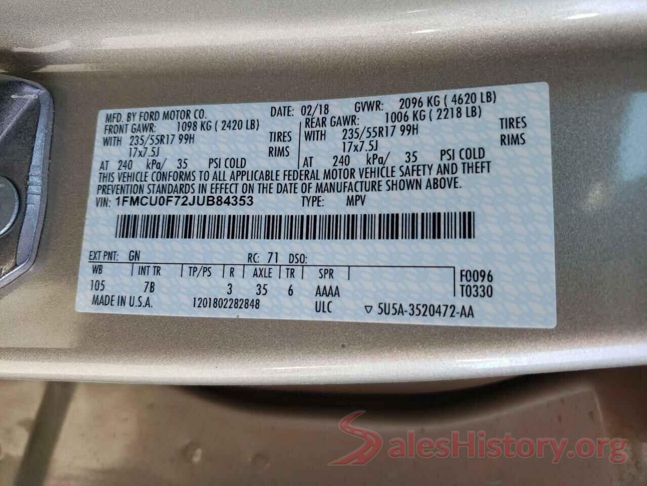 1FMCU0F72JUB84353 2018 FORD ESCAPE