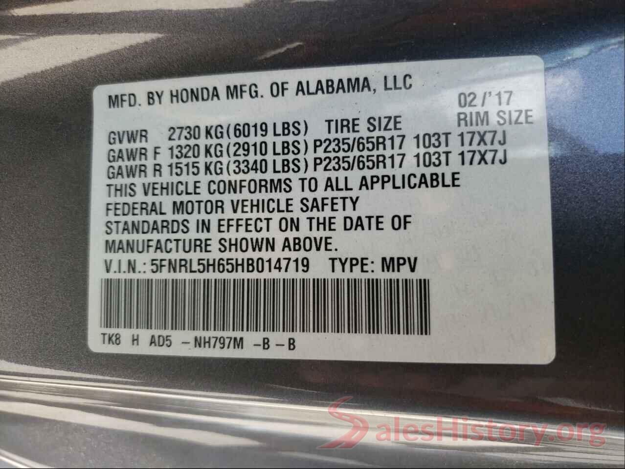 5FNRL5H65HB014719 2017 HONDA ODYSSEY