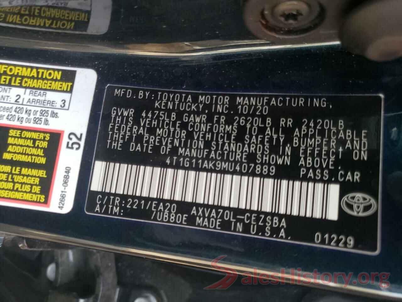 4T1G11AK9MU407889 2021 TOYOTA CAMRY