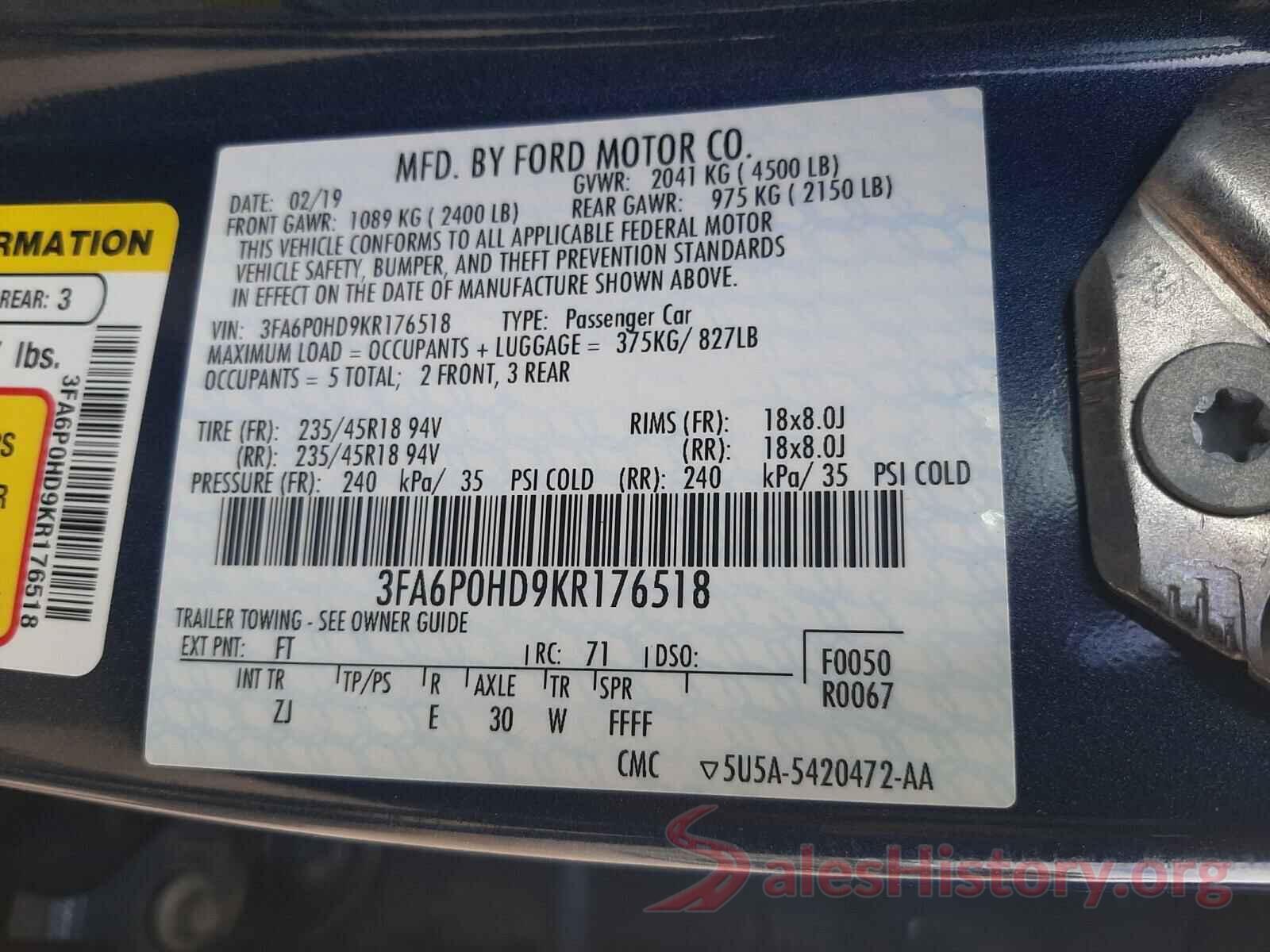 3FA6P0HD9KR176518 2019 FORD FUSION