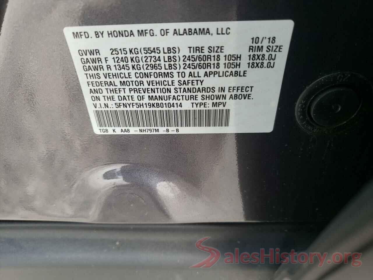 5FNYF5H19KB010414 2019 HONDA PILOT