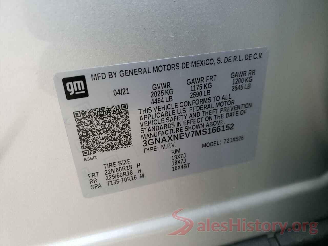 3GNAXNEV7MS166152 2021 CHEVROLET EQUINOX