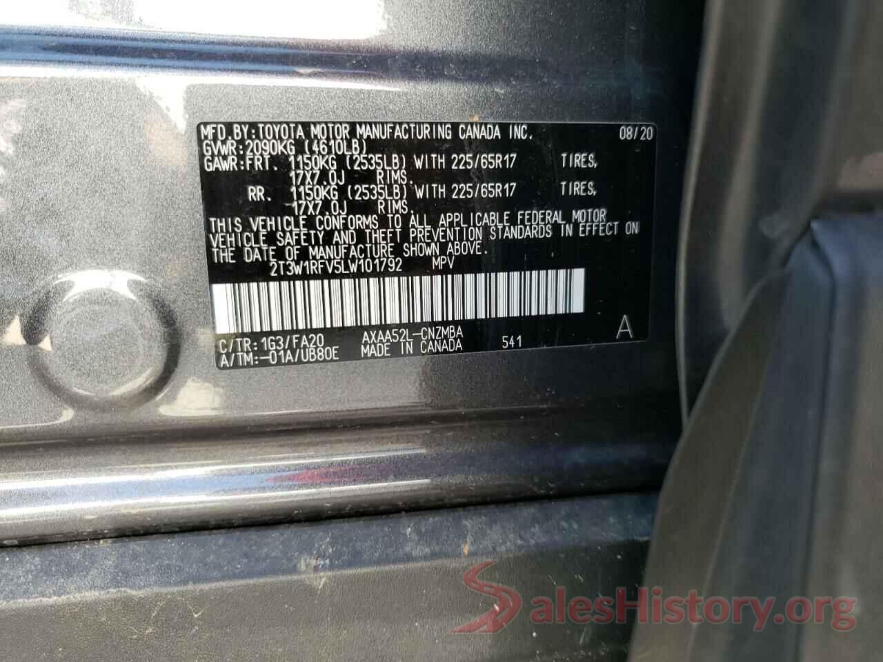 2T3W1RFV5LW101792 2020 TOYOTA RAV4