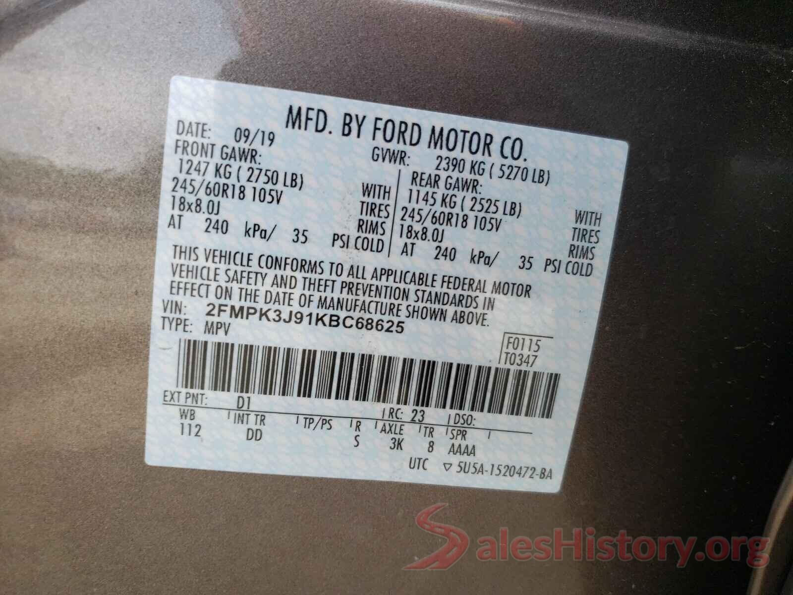 2FMPK3J91KBC68625 2019 FORD EDGE