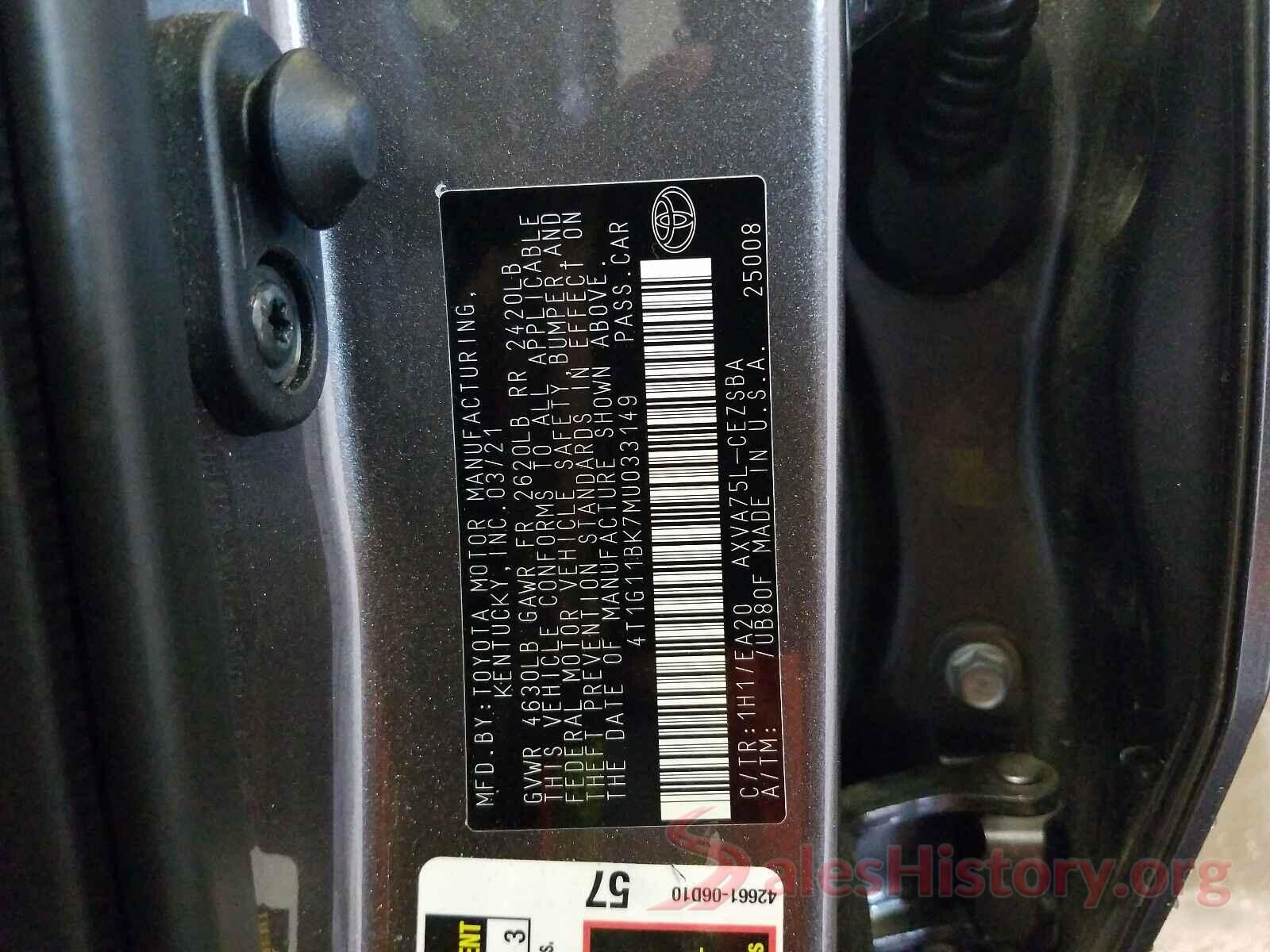 4T1G11BK7MU033149 2021 TOYOTA CAMRY