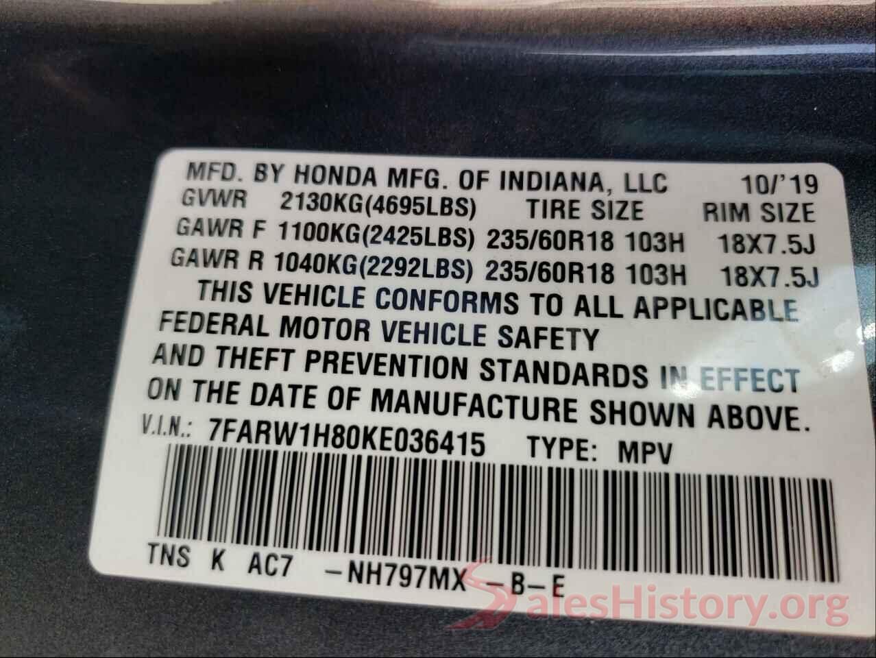 7FARW1H80KE036415 2019 HONDA CRV