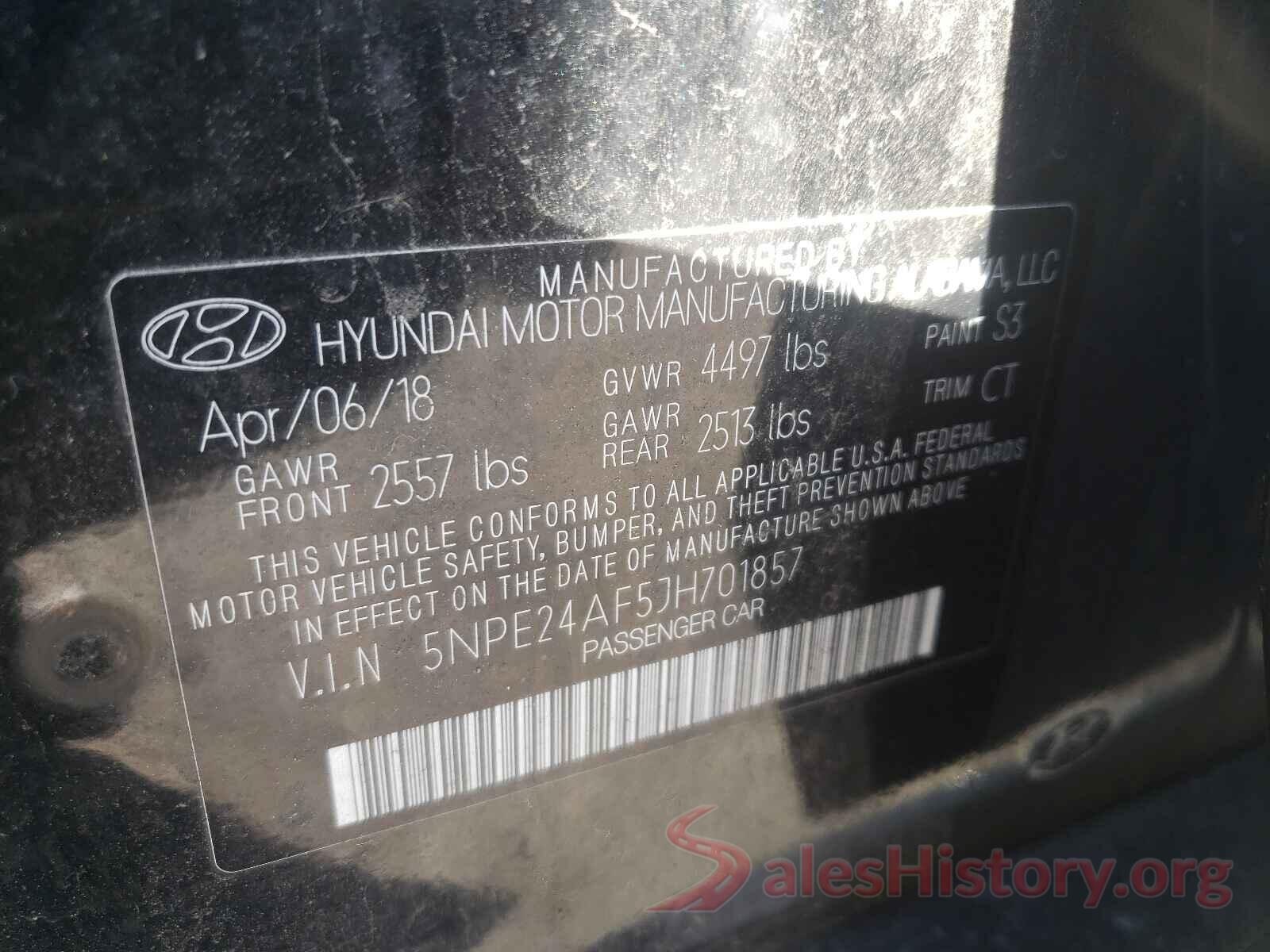 5NPE24AF5JH701857 2018 HYUNDAI SONATA