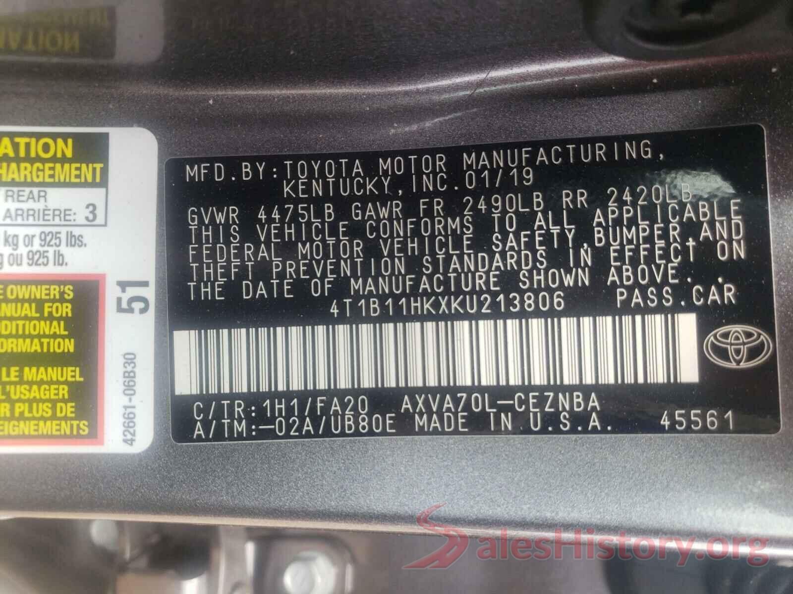 4T1B11HKXKU213806 2019 TOYOTA CAMRY