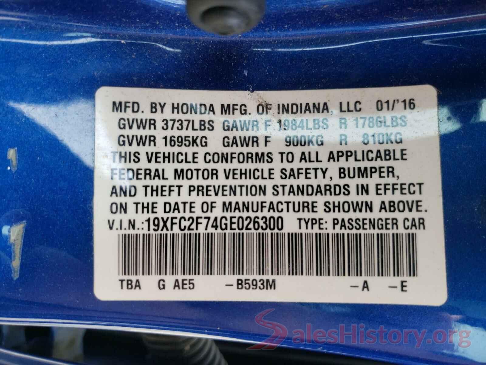 19XFC2F74GE026300 2016 HONDA CIVIC