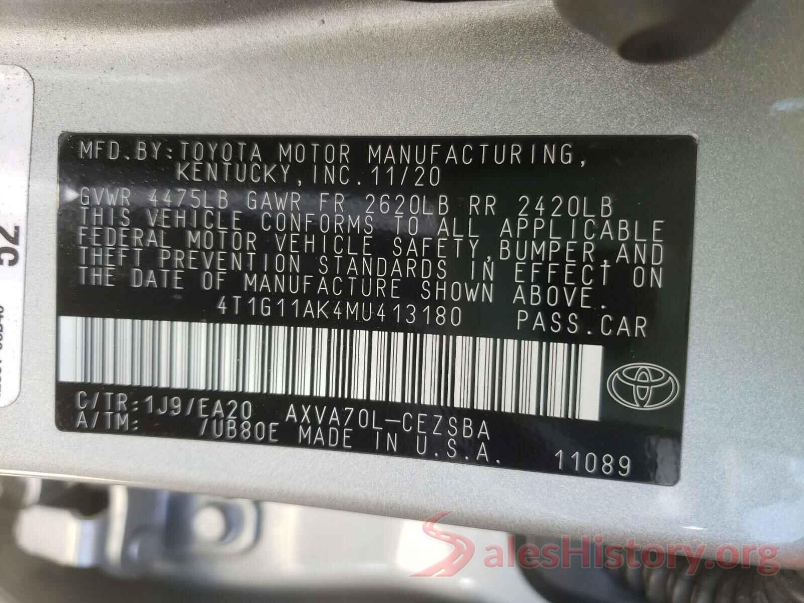 4T1G11AK4MU413180 2021 TOYOTA CAMRY