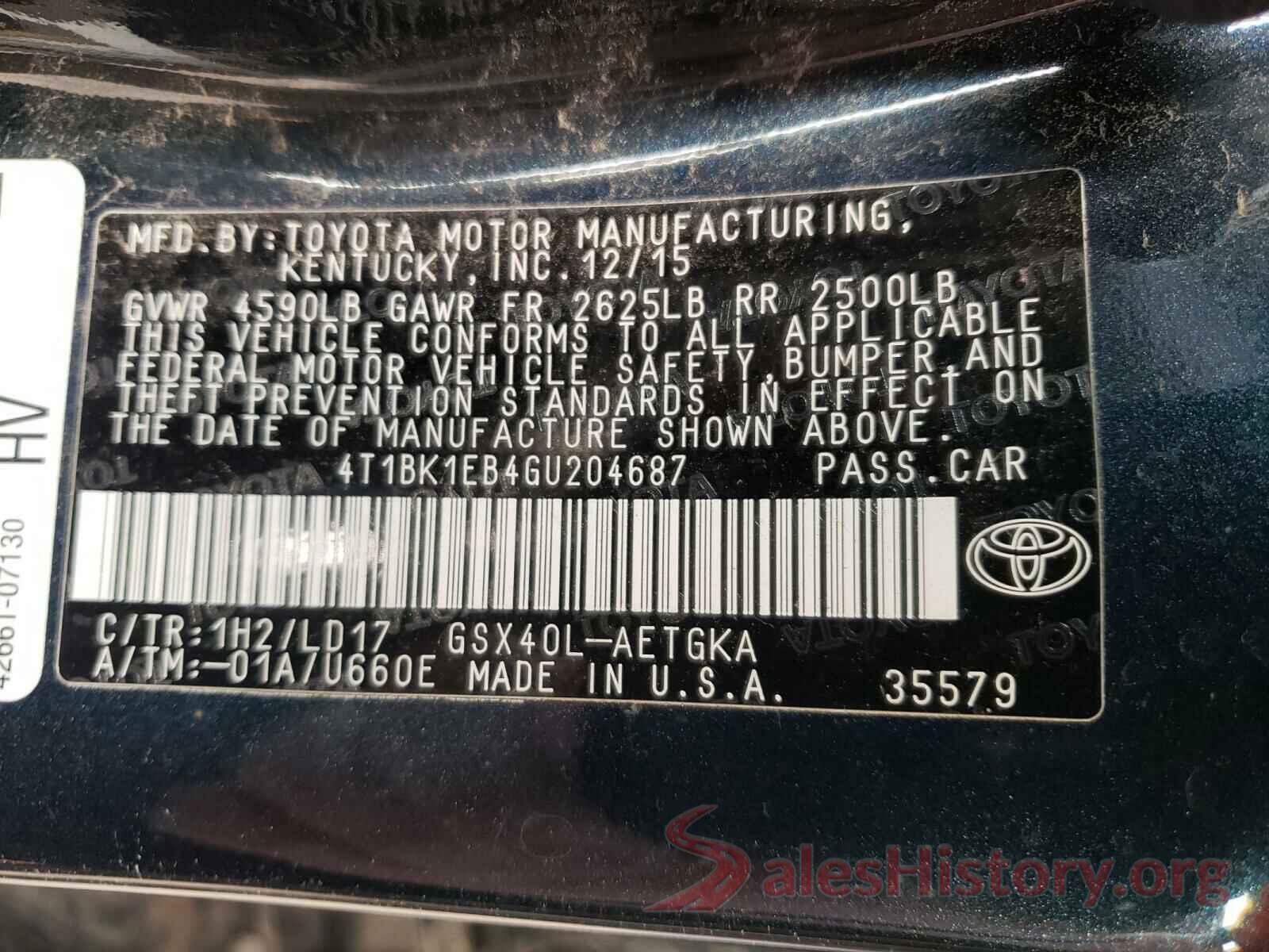 4T1BK1EB4GU204687 2016 TOYOTA AVALON