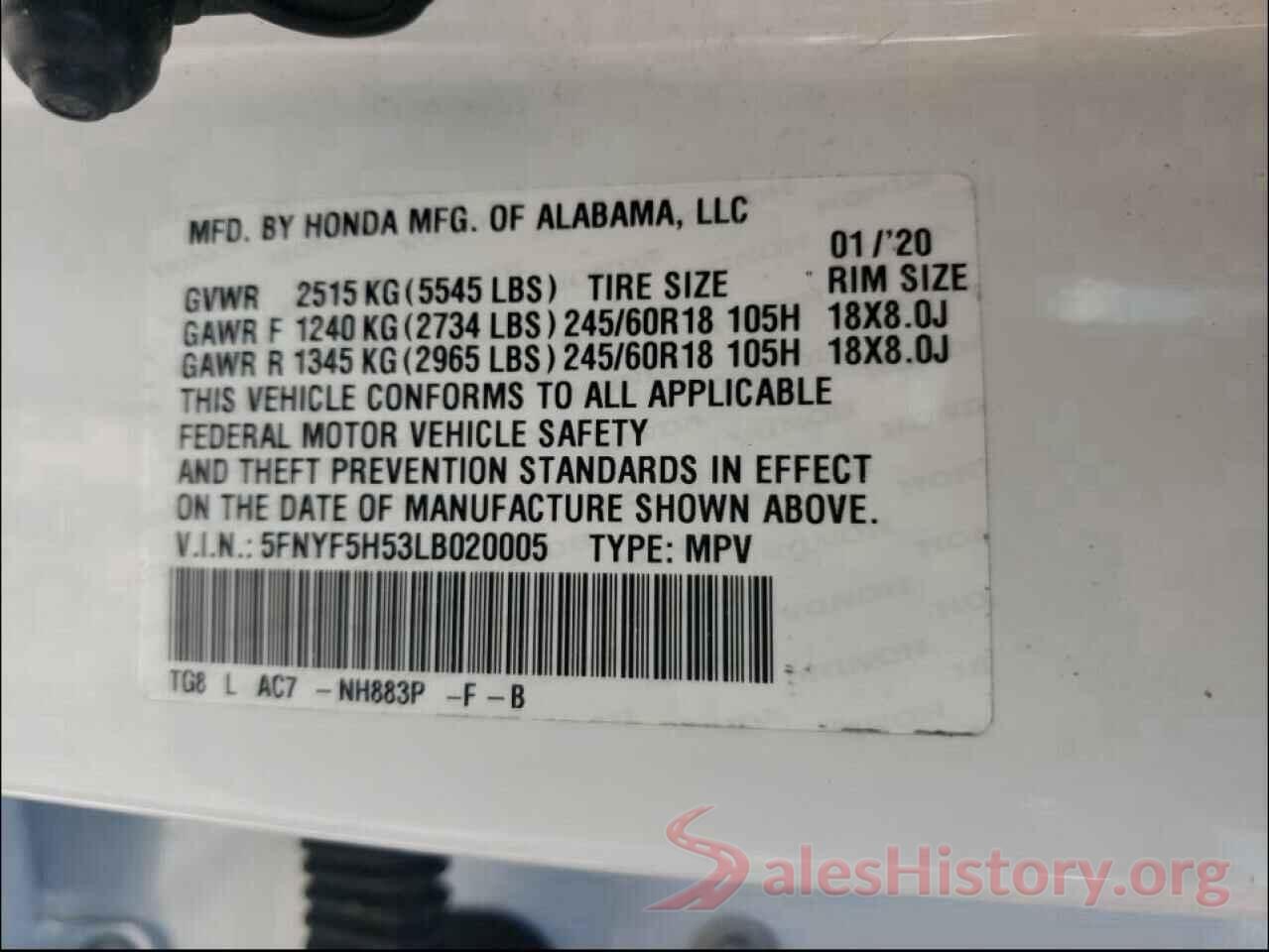 5FNYF5H53LB020005 2020 HONDA PILOT