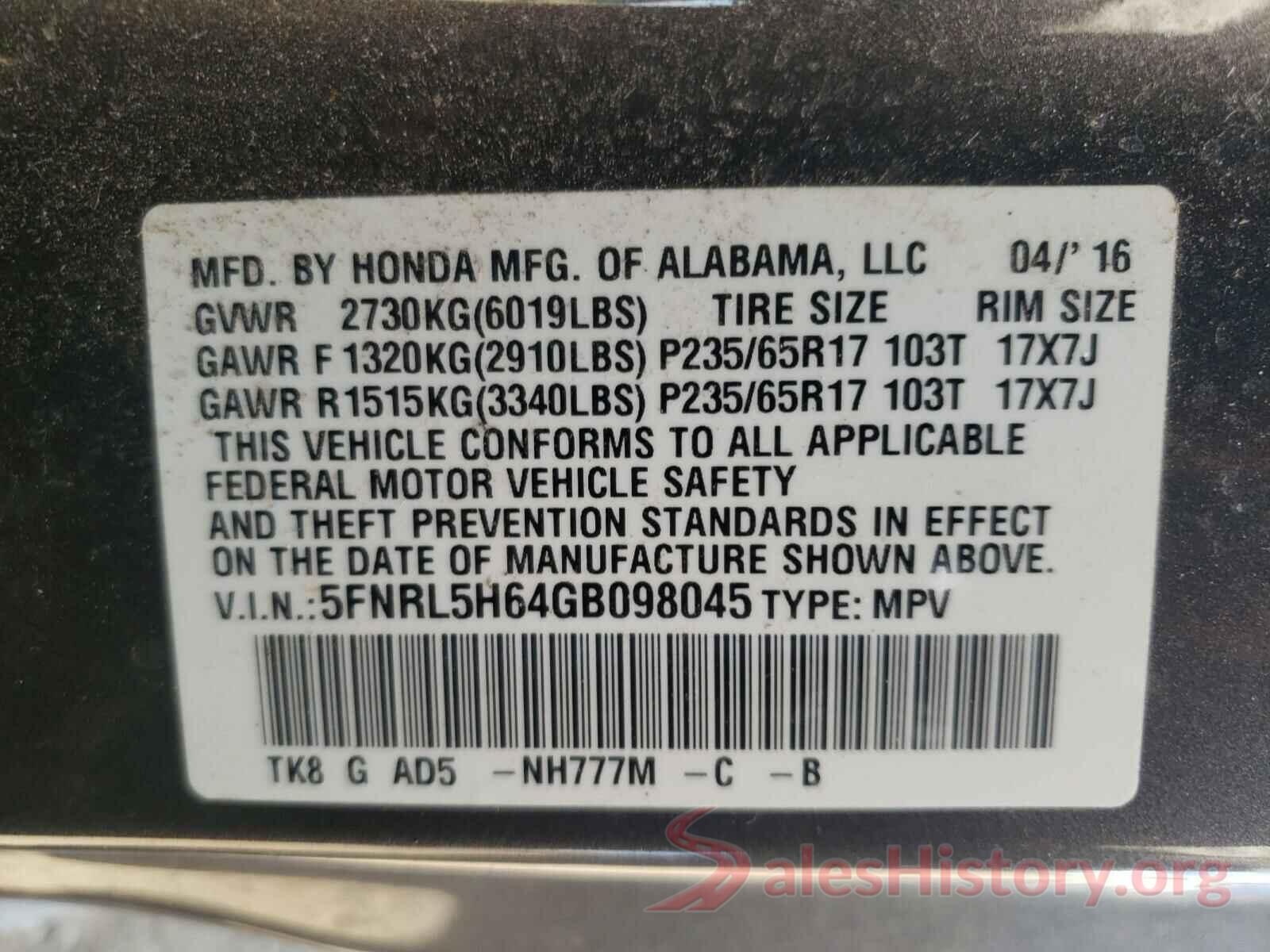 5FNRL5H64GB098045 2016 HONDA ODYSSEY