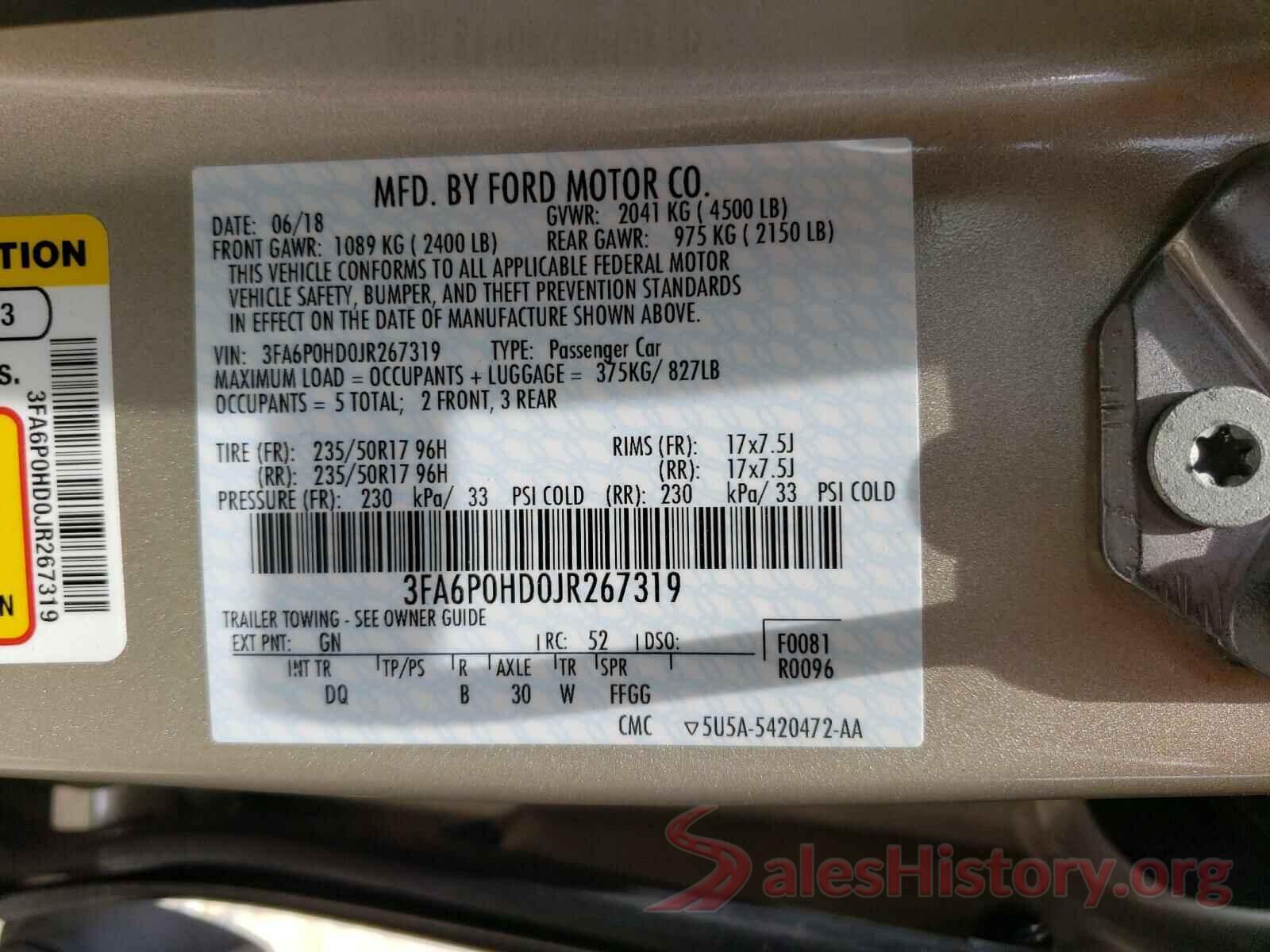 3FA6P0HD0JR267319 2018 FORD FUSION