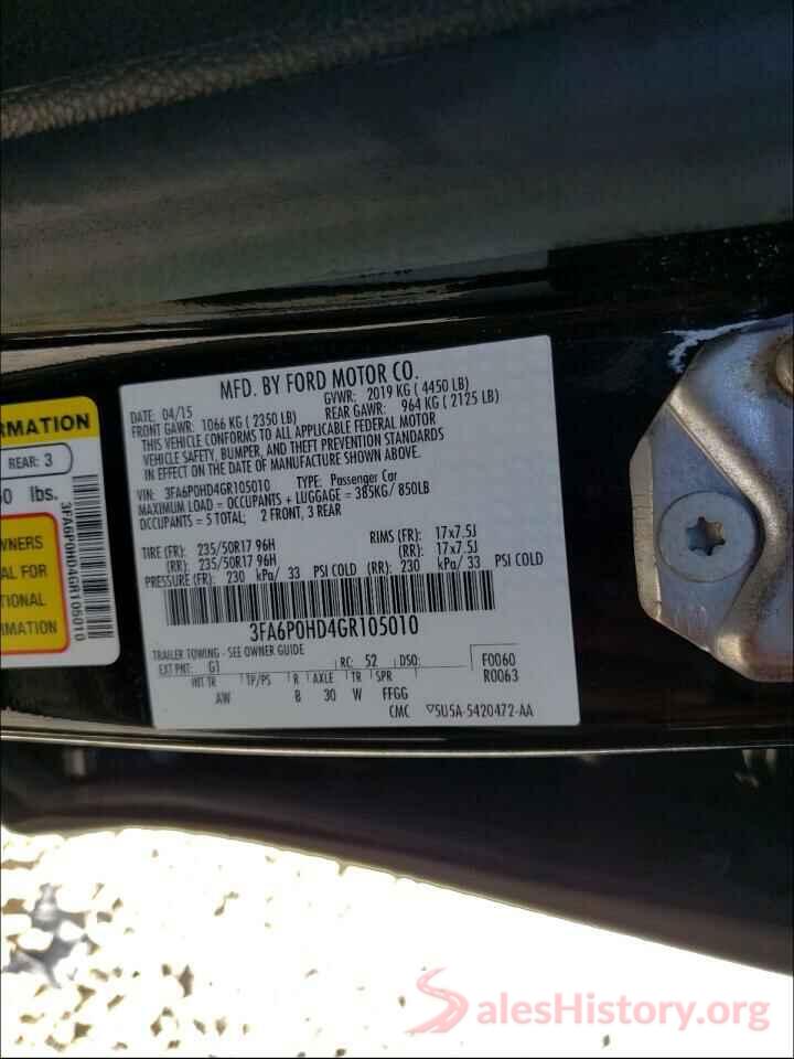 3FA6P0HD4GR105010 2016 FORD FUSION