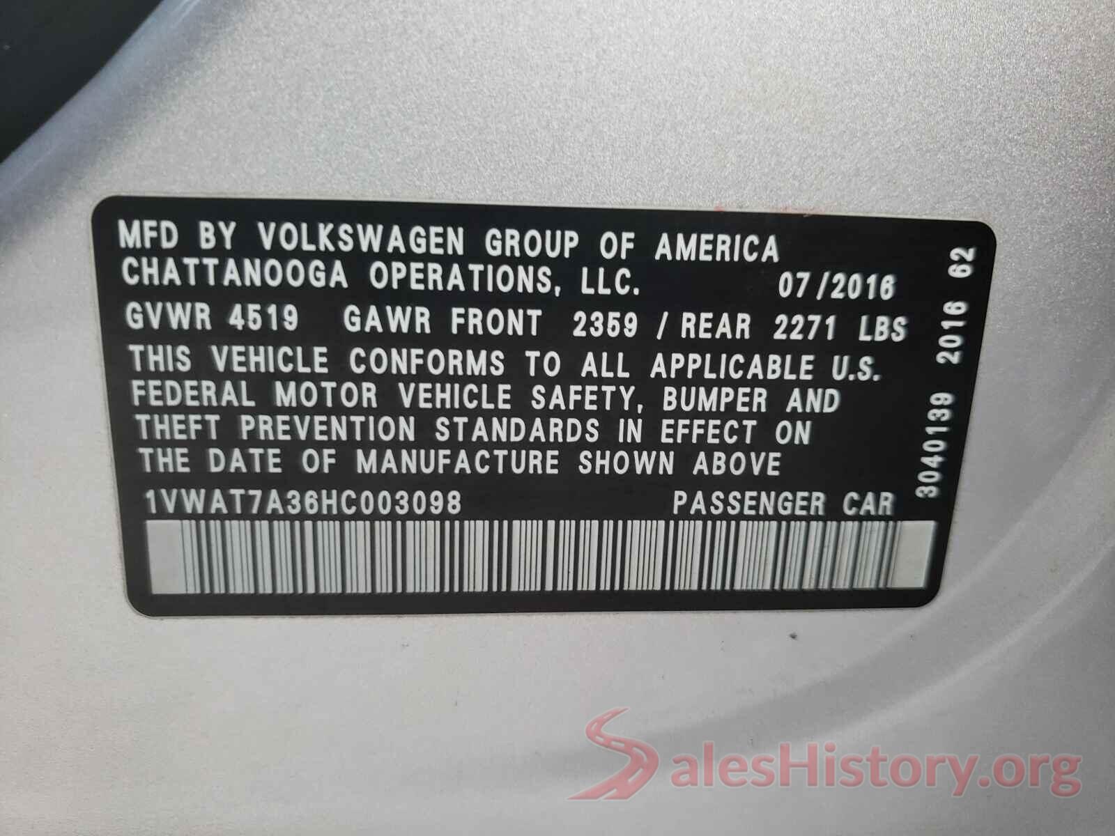 1VWAT7A36HC003098 2017 VOLKSWAGEN PASSAT