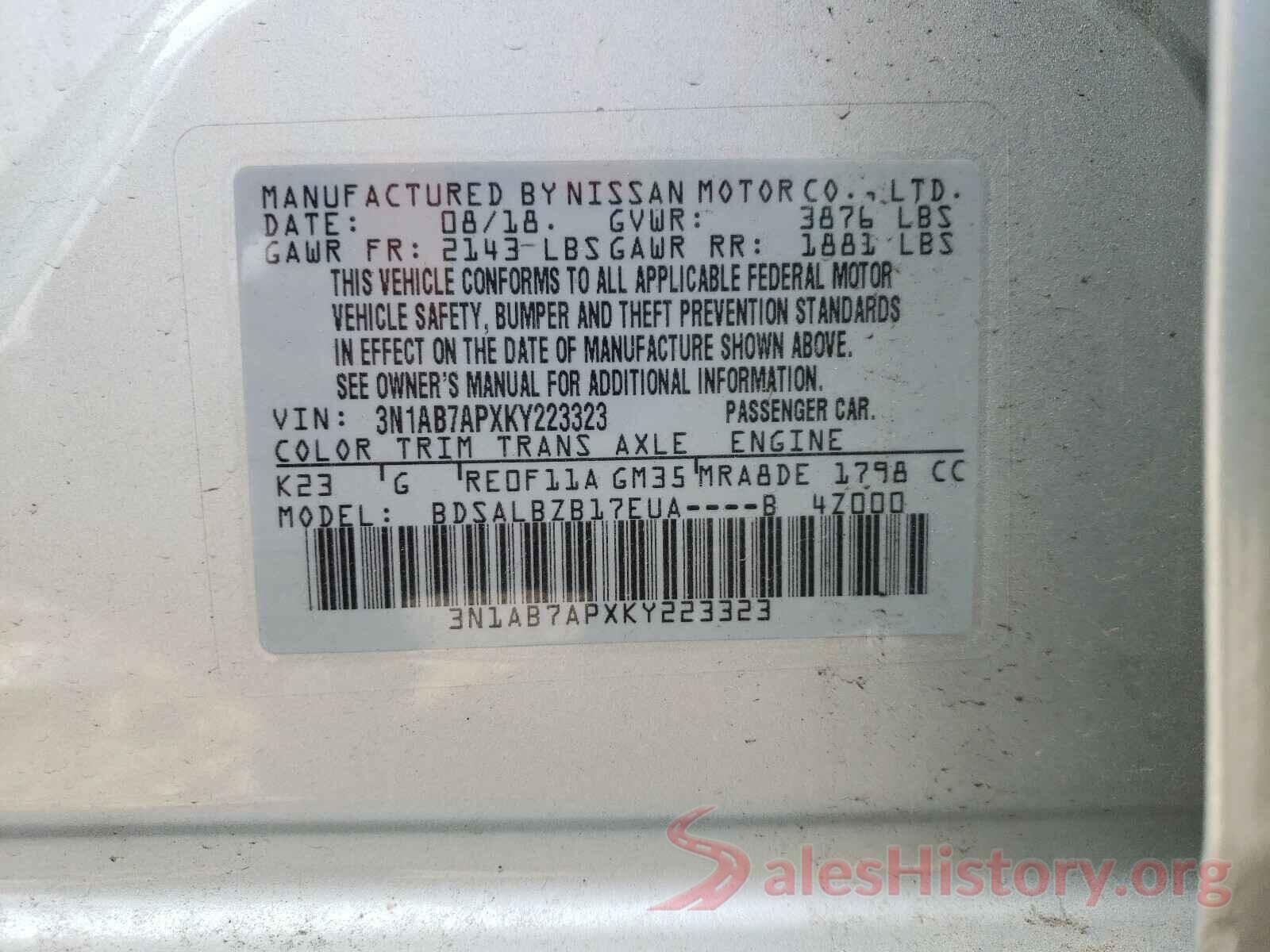 3N1AB7APXKY223323 2019 NISSAN SENTRA