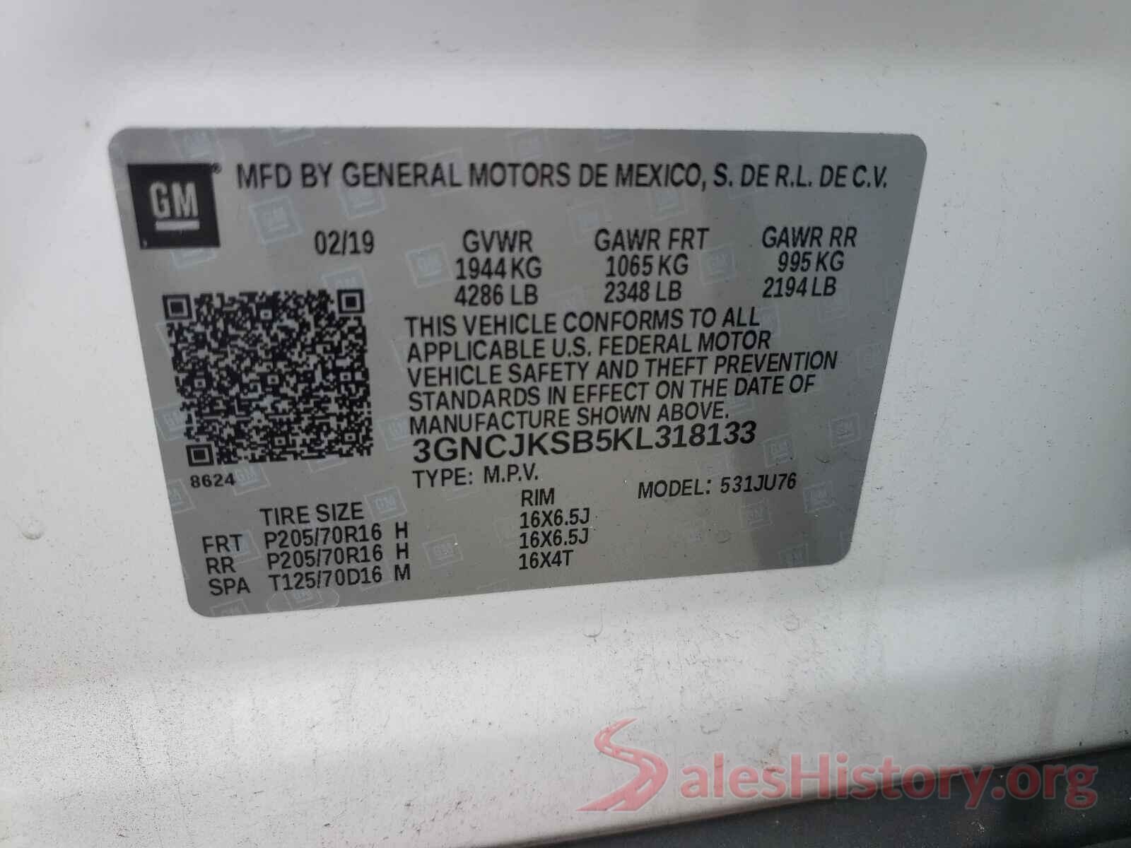 3GNCJKSB5KL318133 2019 CHEVROLET TRAX