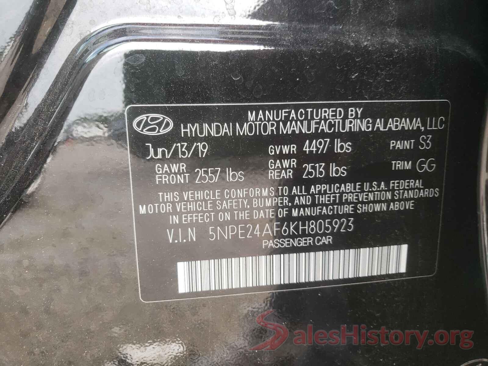 5NPE24AF6KH805923 2019 HYUNDAI SONATA