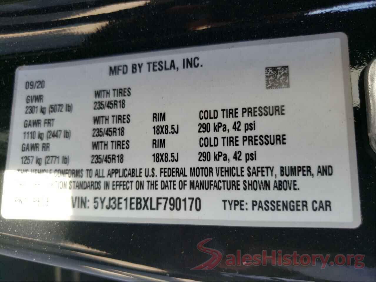 5YJ3E1EBXLF790170 2020 TESLA MODEL 3