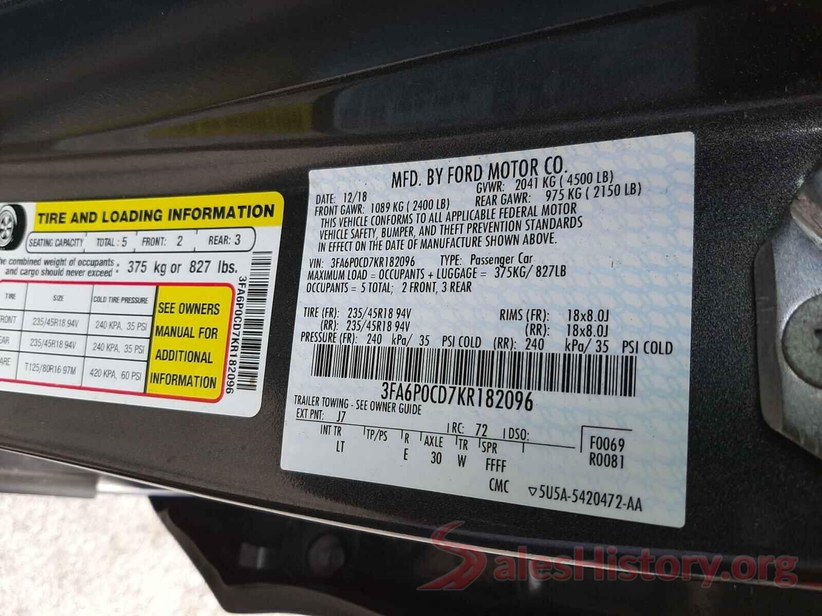 3FA6P0CD7KR182096 2019 FORD FUSION