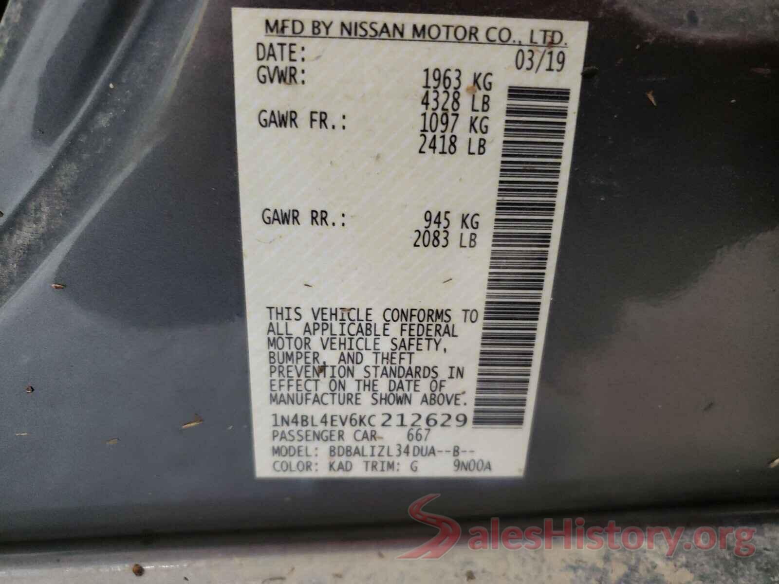 1N4BL4EV6KC212629 2019 NISSAN ALTIMA