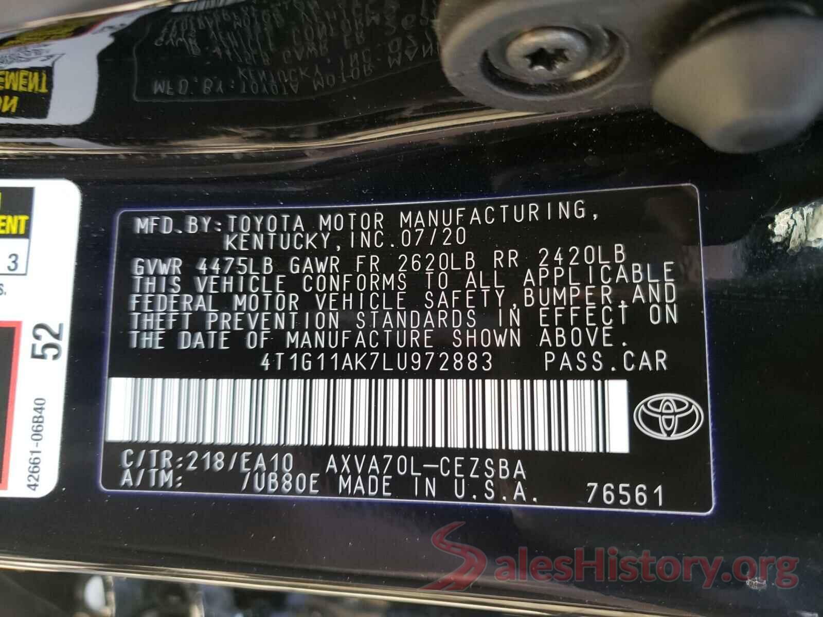 4T1G11AK7LU972883 2020 TOYOTA CAMRY