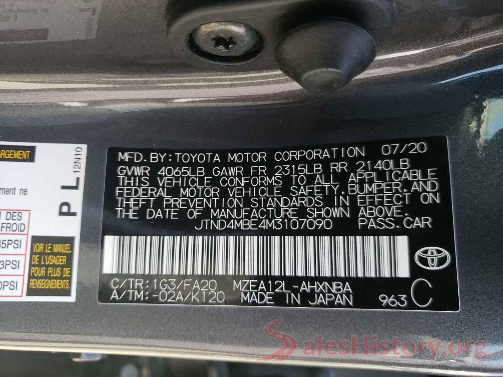 JTND4MBE4M3107090 2021 TOYOTA COROLLA