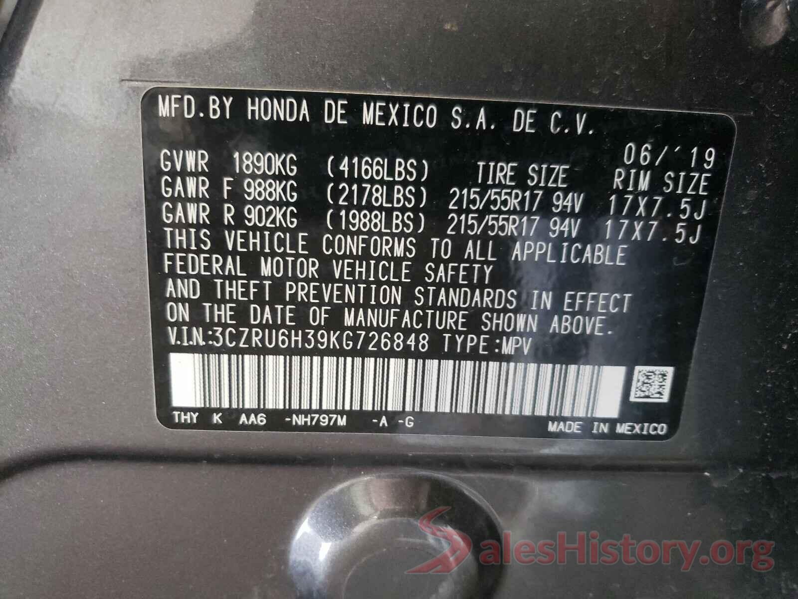 3CZRU6H39KG726848 2019 HONDA HR-V