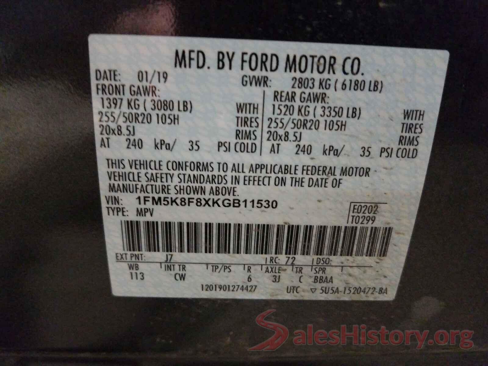 1FM5K8F8XKGB11530 2019 FORD EXPLORER