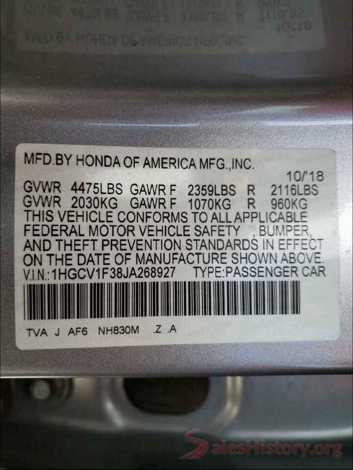 1HGCV1F38JA268927 2018 HONDA ACCORD